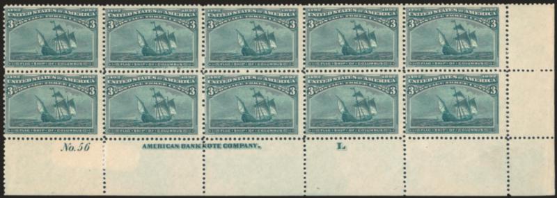 3c Columbian (232).> Mint N.H. bottom right corner imprint, plate no. 56 and letter L block of ten, rich color, fresh and Fine