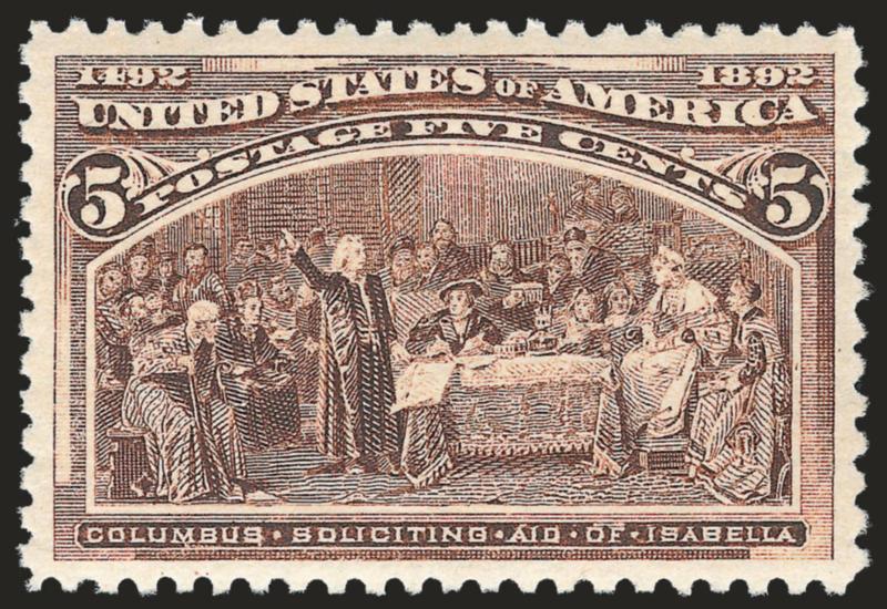 5c Columbian (234).> Mint N.H., intense shade and impression, gorgeous centering with wide and balanced margins<><>^EXTREMELY FINE GEM. A SUPERB MINT NEVER-HINGED EXAMPLE OF THE 5-CENT COLUMBIAN, WHICH HAS BEEN
GRADED SUPERB 98 BY P.S.E.^<><>With