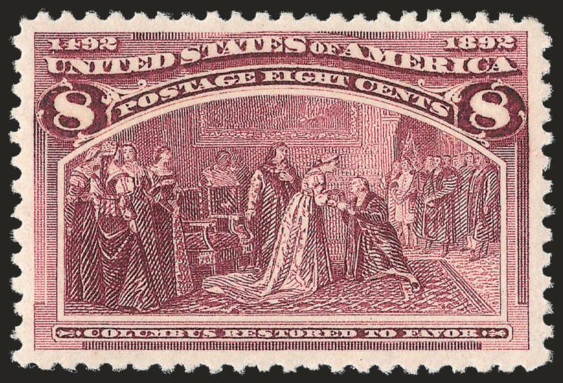 8c Columbian (236).> Original gum, unusually wide margins and almost perfectly centered, beautiful deep color, Extremely Fine, with 2006 P.S.E. certificate (OGph, VF-XF 85 SMQ $65.00)