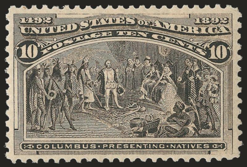 10c Columbian (237).> Original gum, we note barest trace of hinging though accompanying certificates state Mint N.H., well-centered, sharp impression on fresh paper, Extremely Fine, with 1992 and 2004 P.F.
certificates