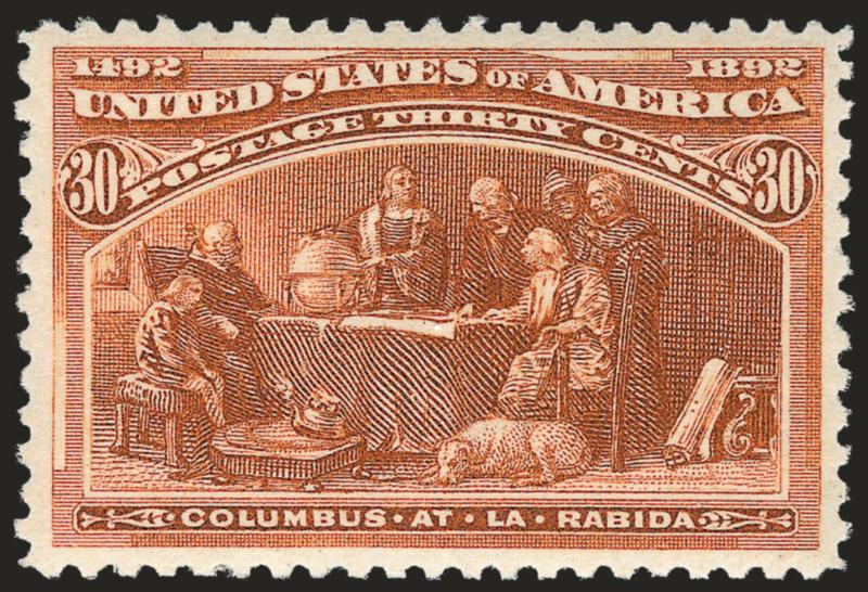 30c Columbian (239).> Mint N.H., rich color and proof-like impression on crisp paper, well-balanced margins, fresh and Extremely Fine, a pretty stamp, with 2005 P.S.E. certificate (XF 90 SMQ $1,800.00)