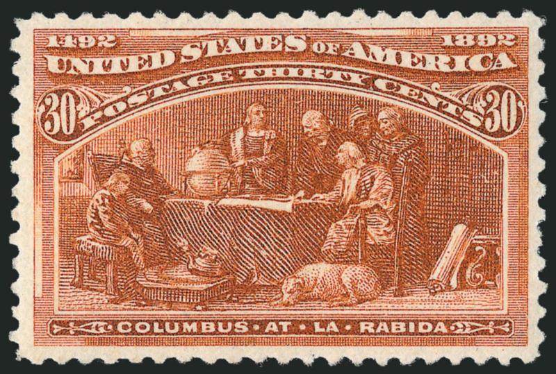 30c Columbian (239).> Original gum, lightly hinged, well-centered, strong color, fresh, Very Fine and choice, with 2009 P.S.E. certificate (OGph, VF-XF 85 SMQ $295.00)