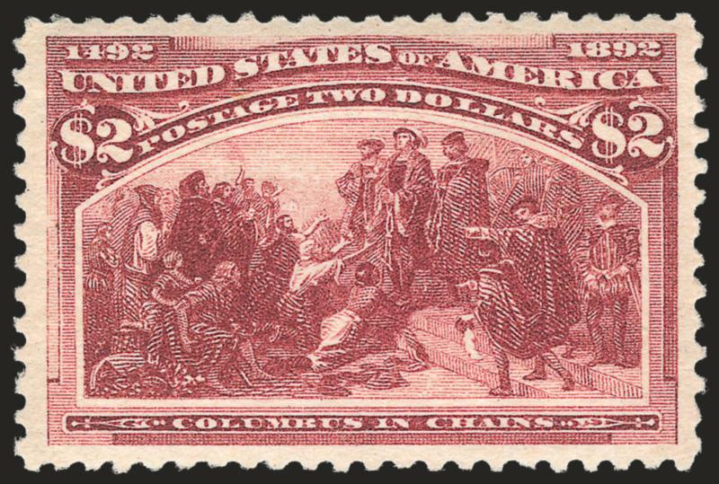 $2.00 Columbian (242).> Original gum, single hinge mark, beautifully centered with wide margins, vivid color and proof-like impression, Extremely Fine, with 2001 P.F. and 2004 P.S.E. certificates (OGph, XF 90
SMQ $1,850.00)