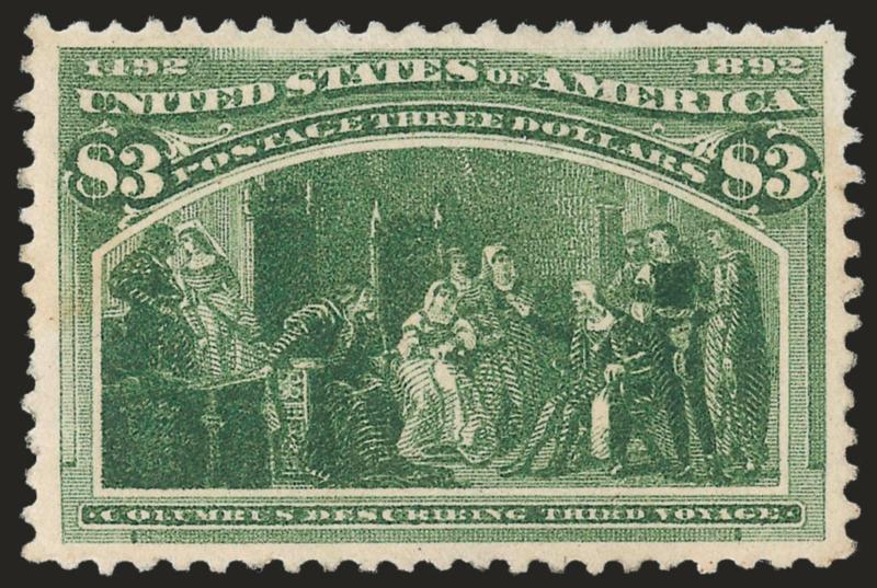$3.00 Olive Green, Columbian (243a).> Original gum, lightly hinged, wonderfully well-centered with magnificent deep rich color, Extremely Fine, with 2008 P.S.E. certificate