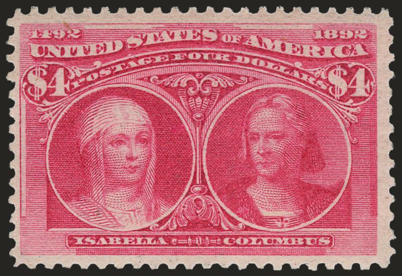 $4.00 Columbian (244).> Mint N.H., brilliant color on crisp paper, trivial natural inclusion not mentioned on accompanying certificate<><>^FINE. AN ATTRACTIVE MINT NEVER-HINGED EXAMPLE OF THE $4.00 COLUMBIAN
ISSUE.^<><>With 1996 P.F. certificate