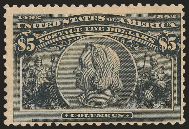$5.00 Columbian (245).> Original gum, small faults incl. minor thin, two nibbed perfs, also light overall toning, otherwise Fine
