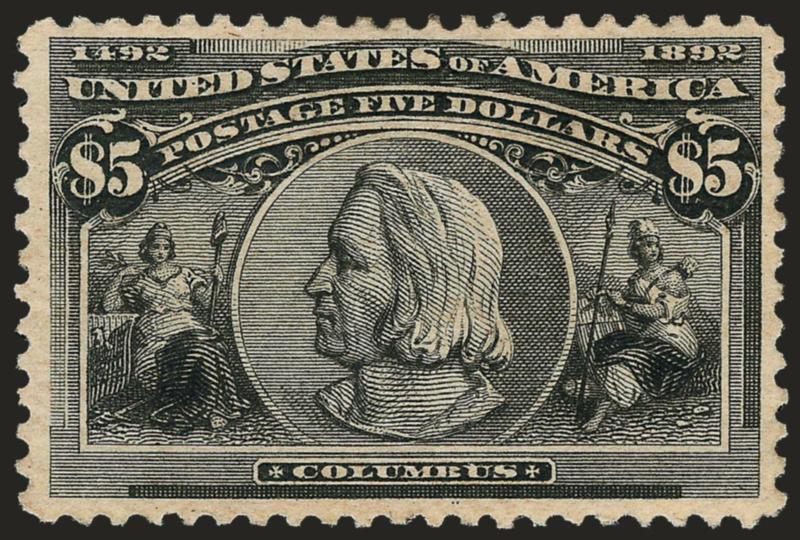 $5.00 Columbian (245).> Disturbed original gum, h.r., crisp impression, tiny thin speck at top right, Very Fine appearance, with 2008 P.S.E. certificate (DOG, Fine 70 SMQ $ 1,350.00)