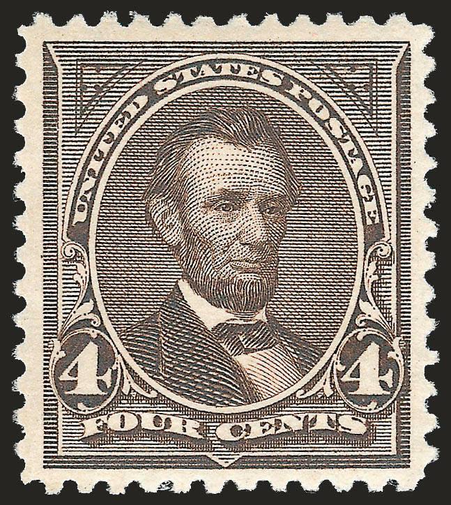 4c Dark Brown (254).> Mint N.H., deep rich color on post-office fresh paper, detailed impression, almost perfectly centered with wide margins, long and full perforations all around<><>^EXTREMELY FINE GEM. A
LOVELY MINT NEVER-HINGED EXAMPLE OF THE 1