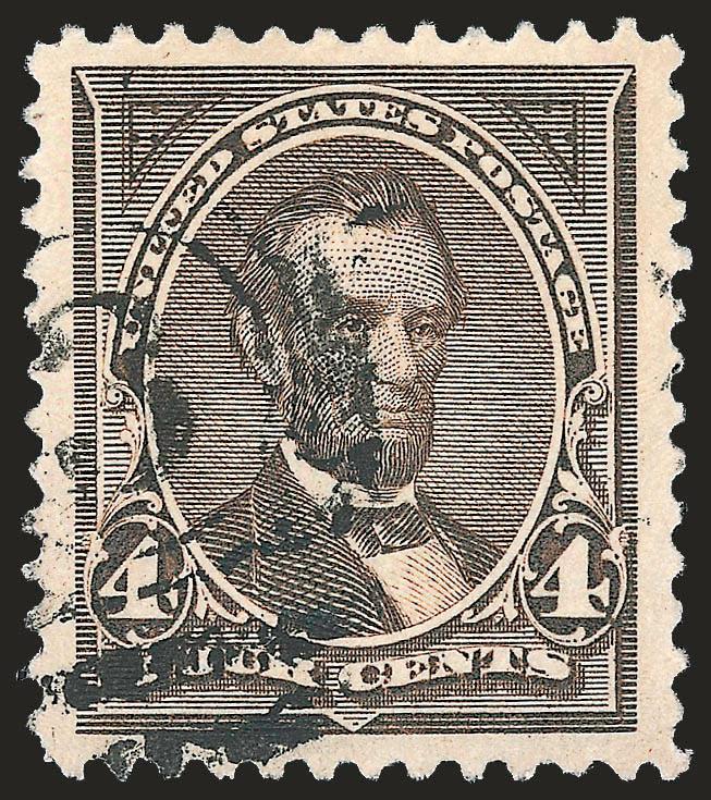 4c Dark Brown (254).> Jumbo margins, strong color with neat grid duplex cancel, Extremely Fine Gem, with 2009 P.S.E. certificate (XF-Superb 95 Jumbo SMQ $270.00 as 95, $1,050.00 as 98), according to the P.S.E.
Population Report this is the only one