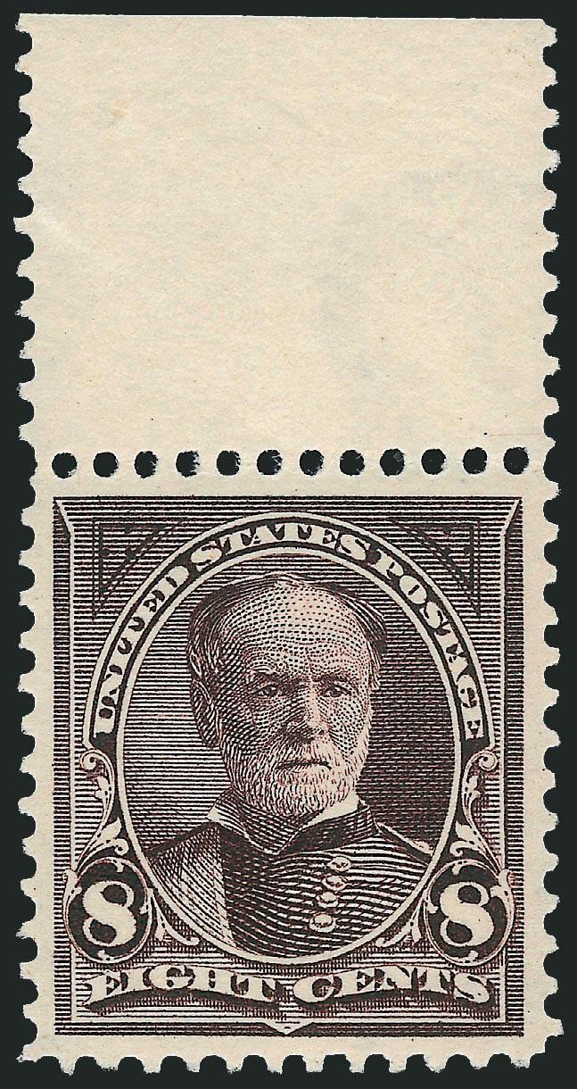 8c Violet Brown (272).> Mint N.H. with wide top selvage, magnificent centering, intense color and detailed impression, Extremely Fine Gem, about as nice as this 1895 Bureau Issue value can be found, especially
in post-office Mint N.H. condition, with