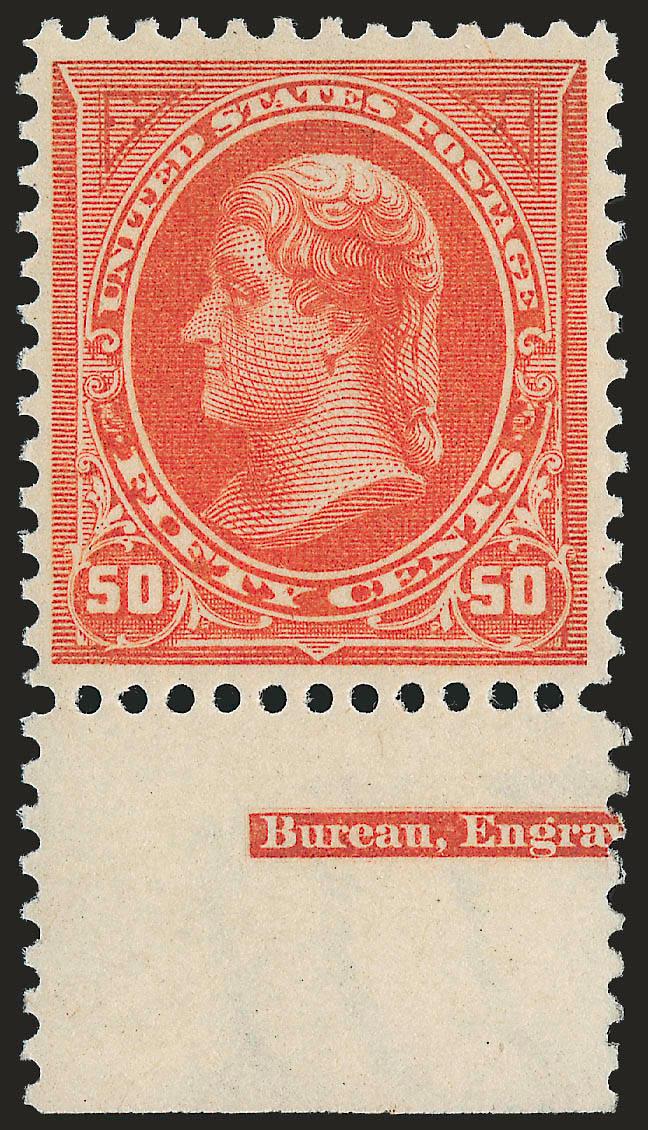50c Orange (275).> Mint N.H. with <part imprint at bottom,> vibrant color, choice centering with well-balanced margins<><>^EXTREMELY FINE. A BEAUTIFUL MINT NEVER-HINGED EXAMPLE OF THE 1895 50-CENT WATERMARKED
BUREAU ISSUE.^<><>With 2008 P.S.E. ce