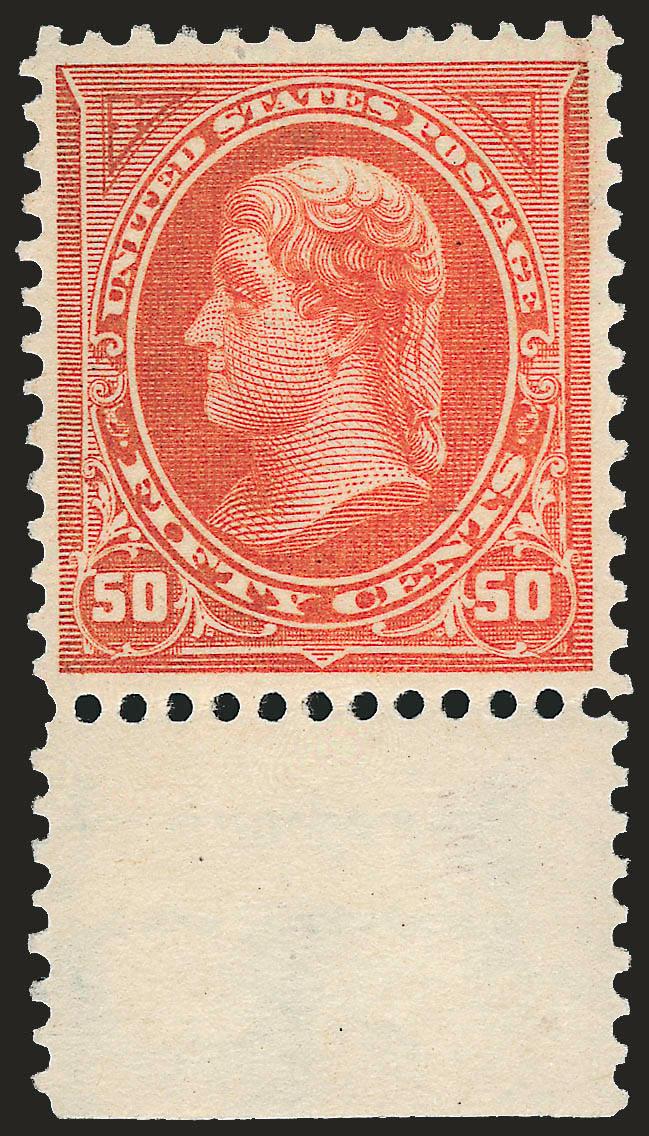 50c Orange (275).> Mint N.H. with <selvage at bottom,> vibrant color on crisp paper, well-proportioned margins<><>^EXTREMELY FINE. A LOVELY MINT NEVER-HINGED EXAMPLE OF THE 1895 50-CENT WATERMARKED BUREAU
ISSUE.^<><>With 2008 P.S.E. certificate (