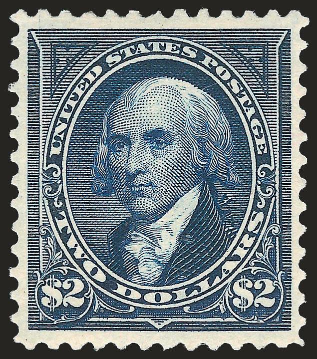$2.00 Dark Blue (277a).> Original gum, lightly hinged, fresh and bright with beautiful margins and almost perfectly centered, intense color and clear impression<><>^EXTREMELY FINE. A BEAUTIFUL ORIGINAL-GUM
EXAMPLE OF THE 1895 $2.00 WATERMARKED BURE