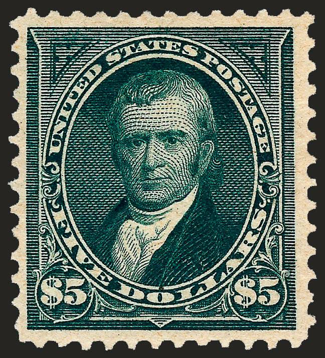 $5.00 Dark Green (278).> Slightly disturbed original gum, deep rich color and proof-like impression, wide margins, Very Fine and choice original-gum example of the 1895 $5.00 Watermarked Bureau Issue, with 1982
P.F. certificate not mentioning the sli