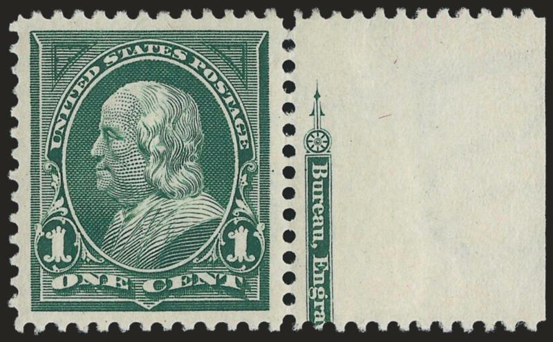 1c Deep Green (279).> Original gum with right part imprint selvage, incredibly wide margins of Jumbo proportions, precisely centered as well, strong color and detailed impression, Extremely Fine Gem, with 2009
P.S.E. certificate (OGph, Gem 100 SMQ $