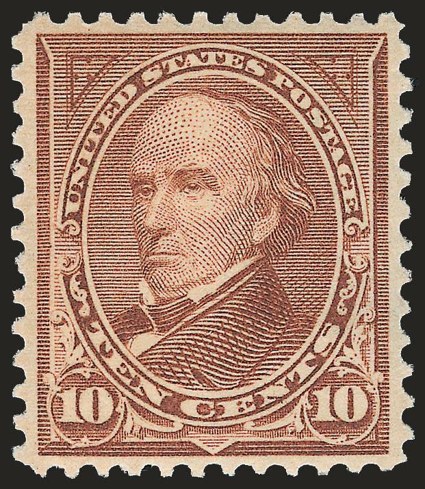 10c Brown, Ty. I (282C).> Mint N.H., vibrant color and proof-like impression, well-proportioned margins, Extremely Fine example which is very scarce in Mint N.H. condition, with 1996 P.F. (for pair) and 2007
P.S.E. certificates (XF 90 SMQ $1,600.00)