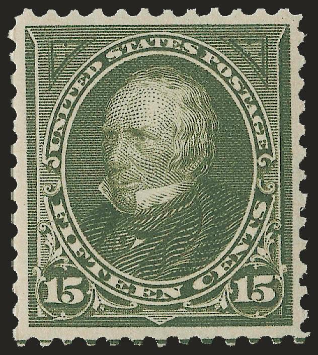 15c Olive Green (284).> Mint N.H., guide line at bottom, unusually wide margins and almost perfectly centered, deep color on bright white paper, Extremely Fine, P.S.E. encapsulated (XF 90 SMQ $1,400.00), only
four have graded higher to date