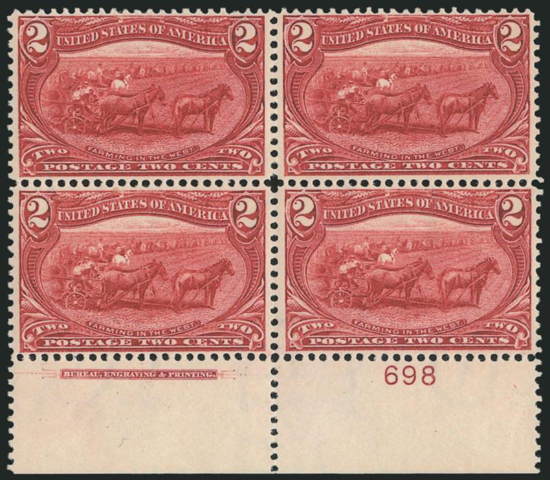 2c Trans-Mississippi (286).> Bottom imprint and plate no. 698 block of four, original gum, one stamp lightly hinged, other three Mint N.H., perfectly centered, Extremely Fine