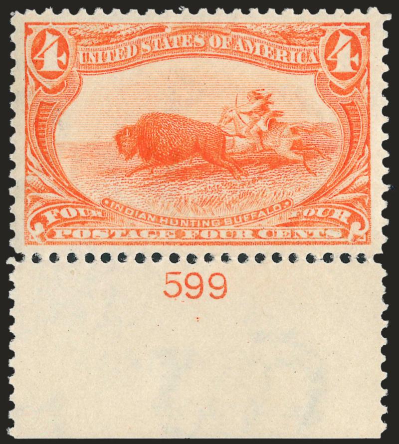 4c Trans-Mississippi (287).> Mint N.H. with <plate no. 599> at bottom, vibrant color on crisp paper, wide and balanced margins, Extremely Fine, with 2002 P.F. certificate