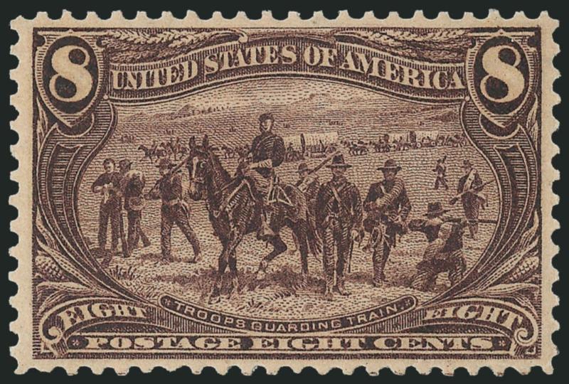 8c Trans-Mississippi (289).> Mint N.H., exceptional centering for this difficult Trans-Mississippi denomination, strong color and detailed impression, Extremely Fine, with 2009 P.S.E. certificate (XF 90 SMQ
$1,650.00)