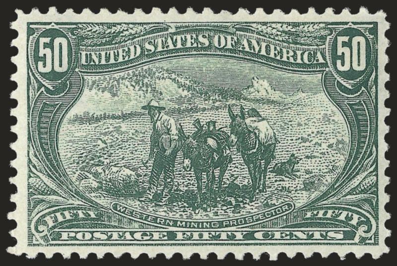 50c Trans-Mississippi (291).> Original gum, uncommonly wide margins and choice centering, rich color, Extremely Fine, with 2004 P.S.E. certificate (OGh, XF 90 SMQ $1,100.00)
