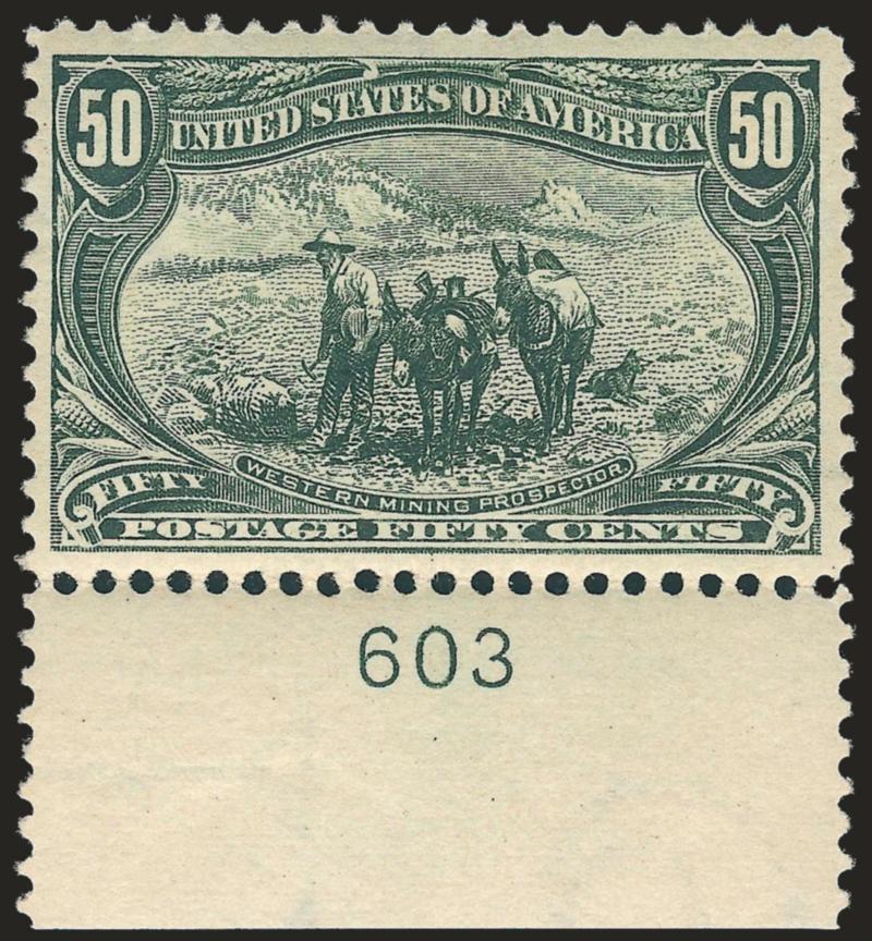 50c Trans-Mississippi (291).> Original gum, lightly hinged, <plate no. 603> at bottom, intense color, well-balanced margins, Very Fine and choice, with 2008 P.S.E. certificate (OGph, VF-XF 85 SMQ
$760.00)