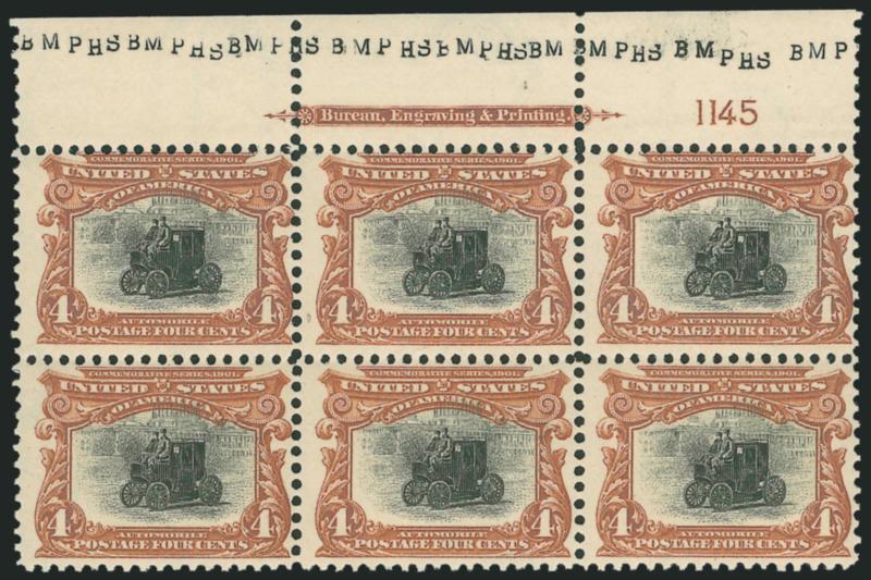 4c Pan-American (296).> Mint N.H. top imprint and plate no. block of six, fresh colors, Fine and attractive