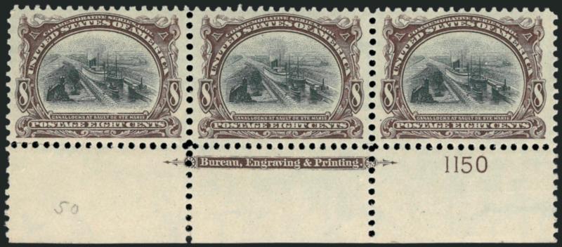 8c Pan-American (298).> Bottom imprint and plate no. 1150 strip of three, left stamp hinged, other two Mint N.H., exceptionally well-centered, center stamp diagonal gum bend, otherwise Extremely Fine, Scott
Retail as singles