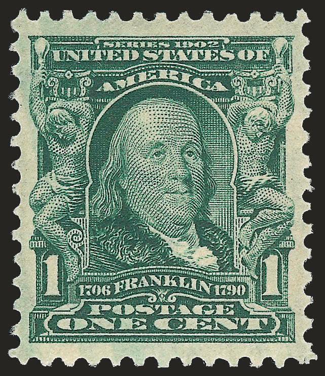 1c Blue Green (300).> Mint N.H., intense shade and detailed impression, almost perfect centering with wide margins, Extremely Fine Gem, with 2005 P.S.E. certificate (XF-Superb 95 SMQ $370.00)