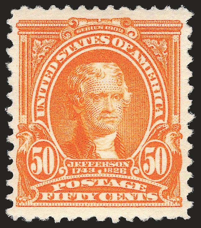 50c Orange (310).> Lightly hinged, Jumbo margins for the issue, lovely glowing color on crisp paper, Very Fine and choice, with 2009 P.S.E. certificate (OGph, VF-XF 85 Jumbo SMQ $540.00 as 85, $770.00 as
90)
