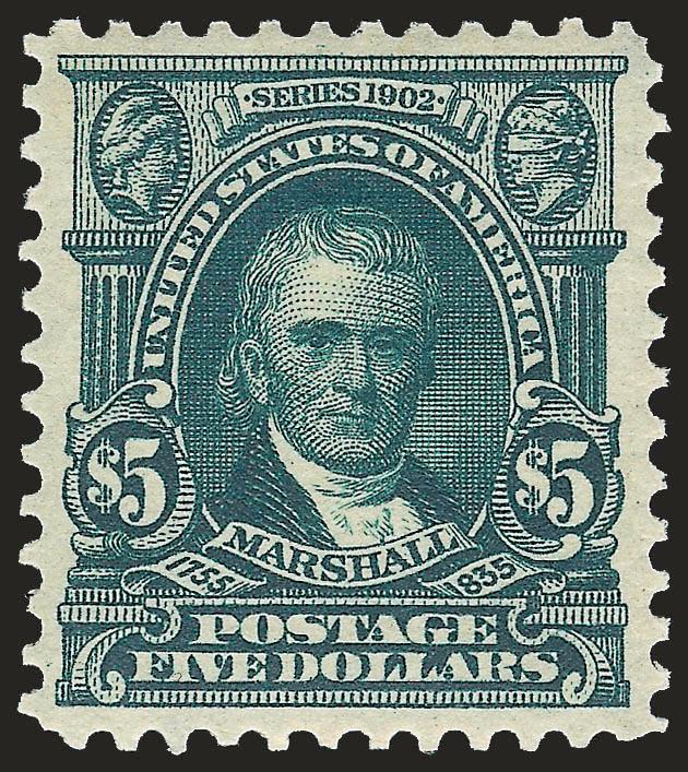 $5.00 Dark Green (313).> Lightly hinged, intense shade and impression, well-proportioned margins<><>^EXTREMELY FINE ORIGINAL-GUM EXAMPLE OF THE $5.00 1902 ISSUE.^<><>With 1985 P.F. certificate