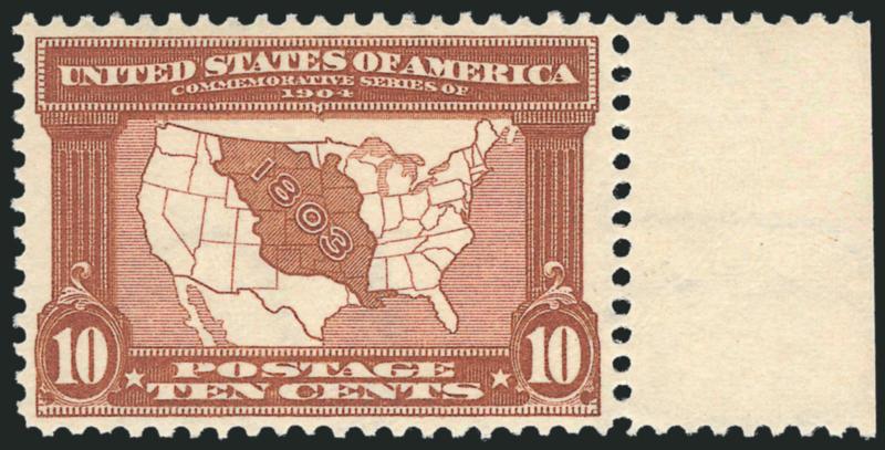 10c Louisiana Purchase (327).> Mint N.H. with right selvage, wonderful color on crisp paper, Extremely Fine, with 2008 P.S.E. certificate (XF 90 SMQ $920.00)