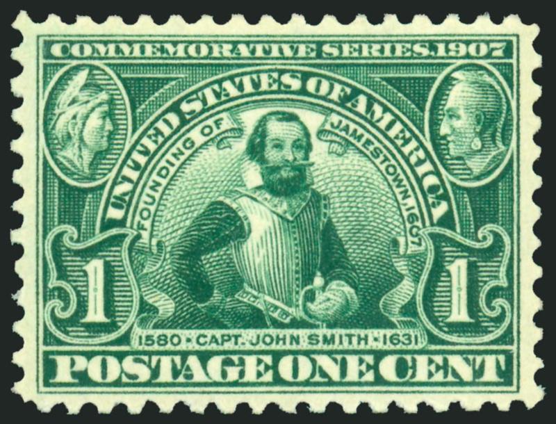 1c Jamestown (328).> Mint N.H., deep rich color and proof-like impression, gorgeous centering with wide and balanced margins, Extremely Fine Gem, a superb stamp in every respect, P.S.E. encapsulated (XF-Superb
95 SMQ $700.00)