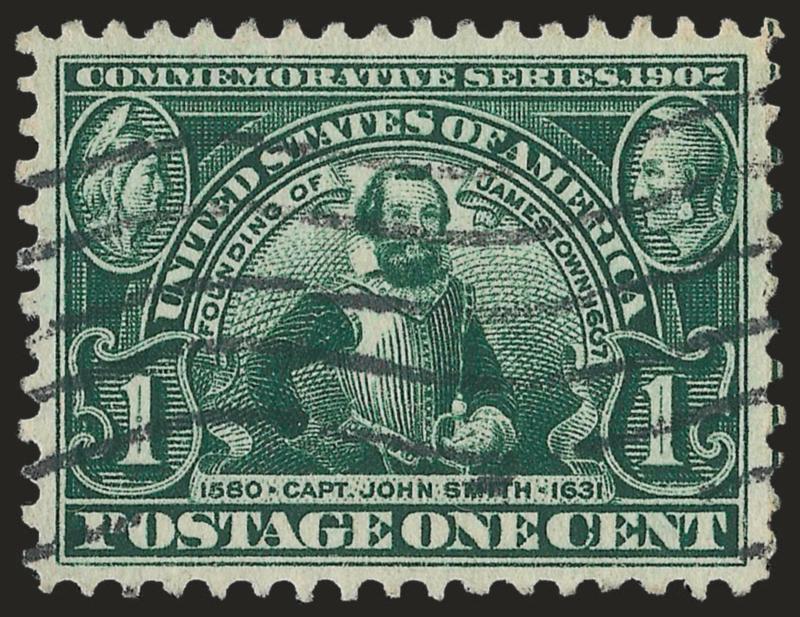 1c Jamestown (328).> Wide margins for the issue and essentially perfectly centered, deep color, neat wavy-line machine cancel, Extremely Fine Gem, with 2009 P.S.E. certificate (XF-Superb 95 SMQ $185.00)