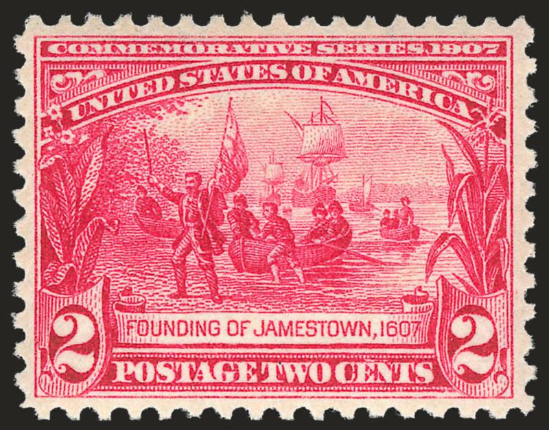 2c Jamestown (329).> Mint N.H., balanced margins well clear of the design all around, bright color, Extremely Fine, with 2005 P.S.E. certificate (XF 90 SMQ $225.00)