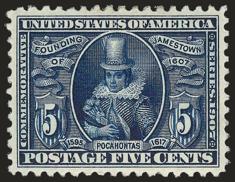 5c Jamestown (330).> Mint N.H., uncharacteristically wide margins and nearly perfect centering, strong color and fine impression, Extremely Fine, with 2008 P.S.E. certificate (XF 90 SMQ $840.00)