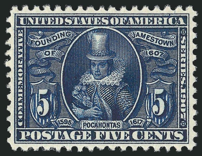 5c Jamestown (330).> Mint N.H., exceptionally well-centered with wonderful intense color, Extremely Fine, with 2009 P.S.E. certificate (XF 90 SMQ $840.00)
