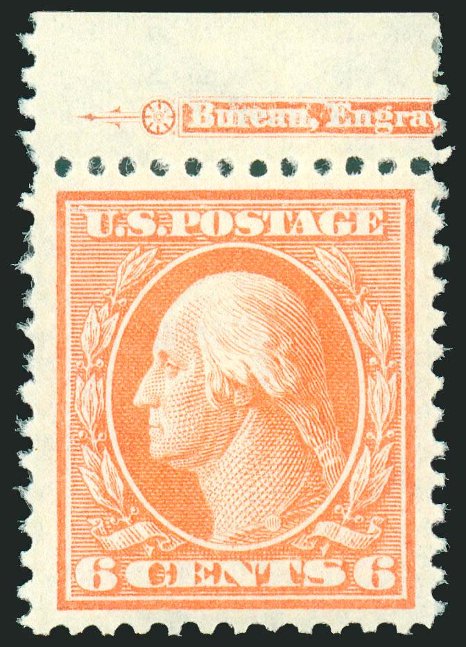 6c Red Orange (336).> Mint N.H. with top part imprint selvage, choice margins and almost perfectly centered, Extremely Fine, with 2005 P.S.E. certificate (XF 90 SMQ $425.00)