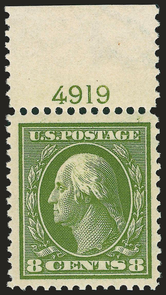 8c Olive Green (337).> Mint N.H. with <plate no. 4919> at top, lightly hinged in selvage only, rich color, wide margins, Extremely Fine, with 1997 P.F. certificate