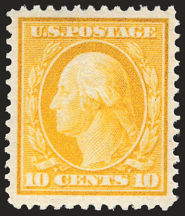10c Yellow (338).> Mint N.H., beautiful centering with wide margins, tiny bit oxidized, Extremely Fine, with 2005 P.S.E. certificate (XF 90 SMQ $430.00)