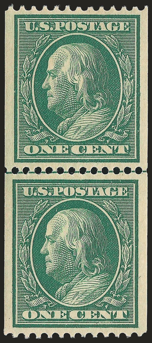 1c Green, Coil (348).> Mint N.H. guide line pair, bright shade and crisp impression, beautiful centering, fresh and Extremely Fine, a wonderful Mint N.H. guide line pair, ex Zoellner, with 1986 P.F.
certificate