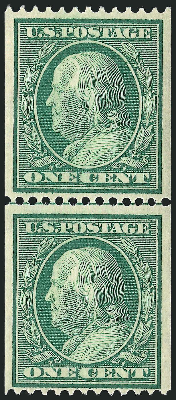 1c Green, Coil (348).> Mint N.H. guide line pair, rich color, nicely balanced margins, Very Fine, with 1993 P.F. certificate