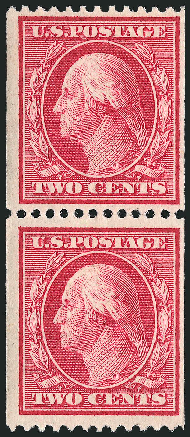 2c Carmine, Coil (349).> Mint N.H. pair, brilliant color, crisp impression, fresh and Fine, with 1993 P.F. certificate for strip of four