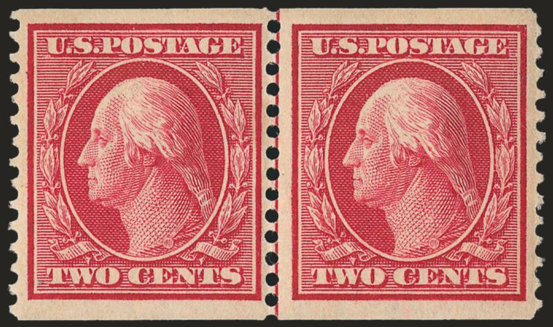 2c Carmine, Coil (353).> Mint N.H. guide line pair, luminous color, detailed impression, choice centering with wide margins at top and bottom, slightly nibbed perf at top right not mentioned on accompanying
certificates<><>^VERY FINE AND CHOICE MIN