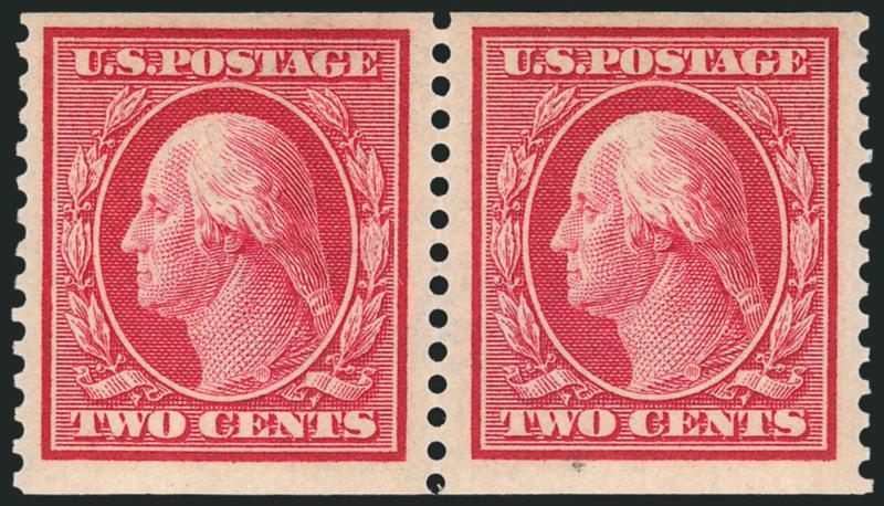 2c Carmine, Coil (353).> Mint N.H. pair with 3mm spacing, brilliant color, wide margins, small natural inclusion in right stamp, Very Fine, with 1998 P.F. certificate