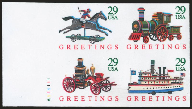 Christmas Toys, Booklet Pane, Imperforate (2718aP).> Photogravure booklet pane of four with plate no., Mint N.H., the Scott Catalog lists this as a plate proof and states in a footnote under the normal stamps
that part and fully imperforate stamps of