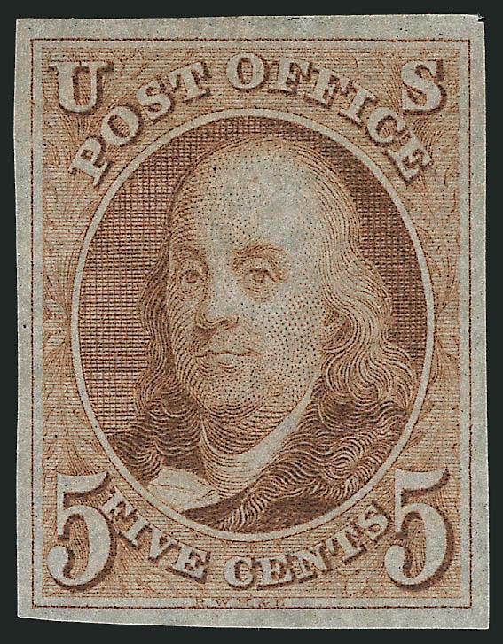 5c Red Brown, Large Die Proof on Bluish Laid (1Pd1).> Stamp size, showing clear laid lines, fresh and Fine