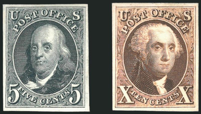 5c Black, 10c Brown, 1875 Reproduction, Atlanta Trial Color Proofs (3TC-4TC).> Large margins, Very Fine and choice examples in what are essentially the reversed colors