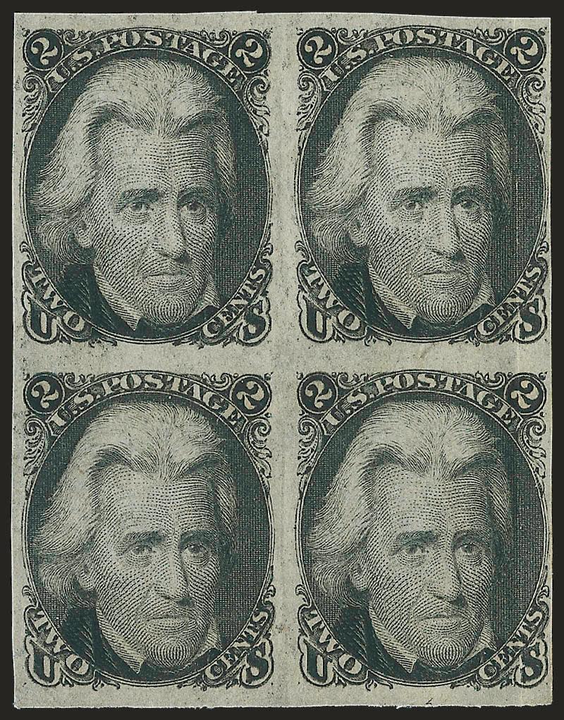 2c Black, Francis Patent Essay (73-E).> Block of four, original gum, lightly hinged, large margins to clear, vertical crease at right, Very Fine appearance