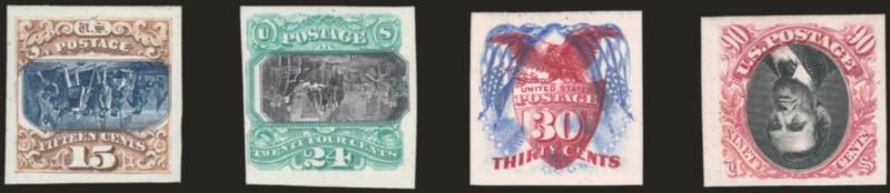 15c-90c 1869 Pictorial Inverts, Plate Proofs on Card (120aP4, 121aP4, 122aP4, 129aP4).> Large margins all around except 24c ample at left, bright colors and detailed impressions<><>^VERY FINE AND BEAUTIFUL SET
OF 1869 PICTORIAL ISSUE INVERT PLATE P